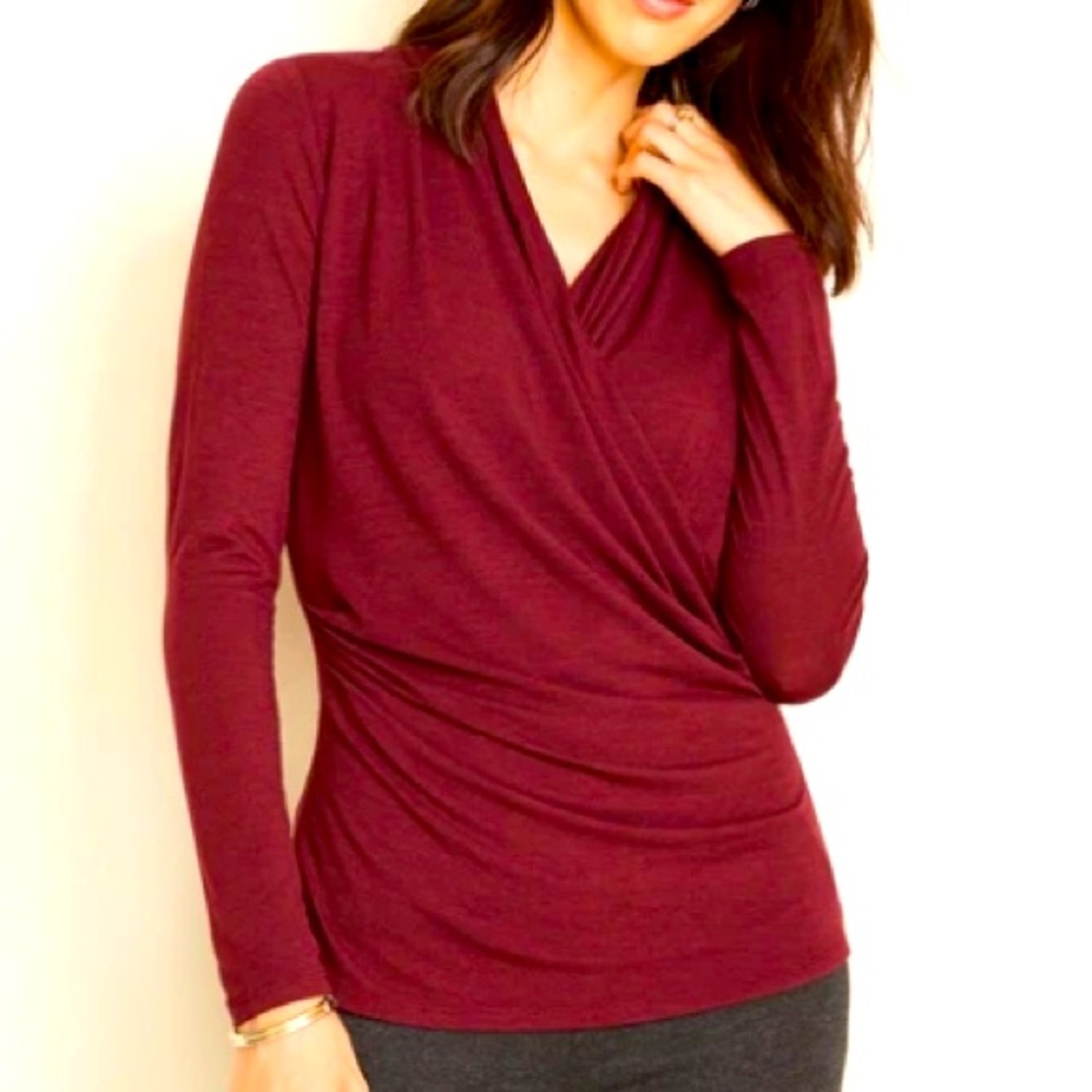 Ann Taylor Faux Wrap Knit Blouse XS Petite Red V-Neck Stretch Workwear Office